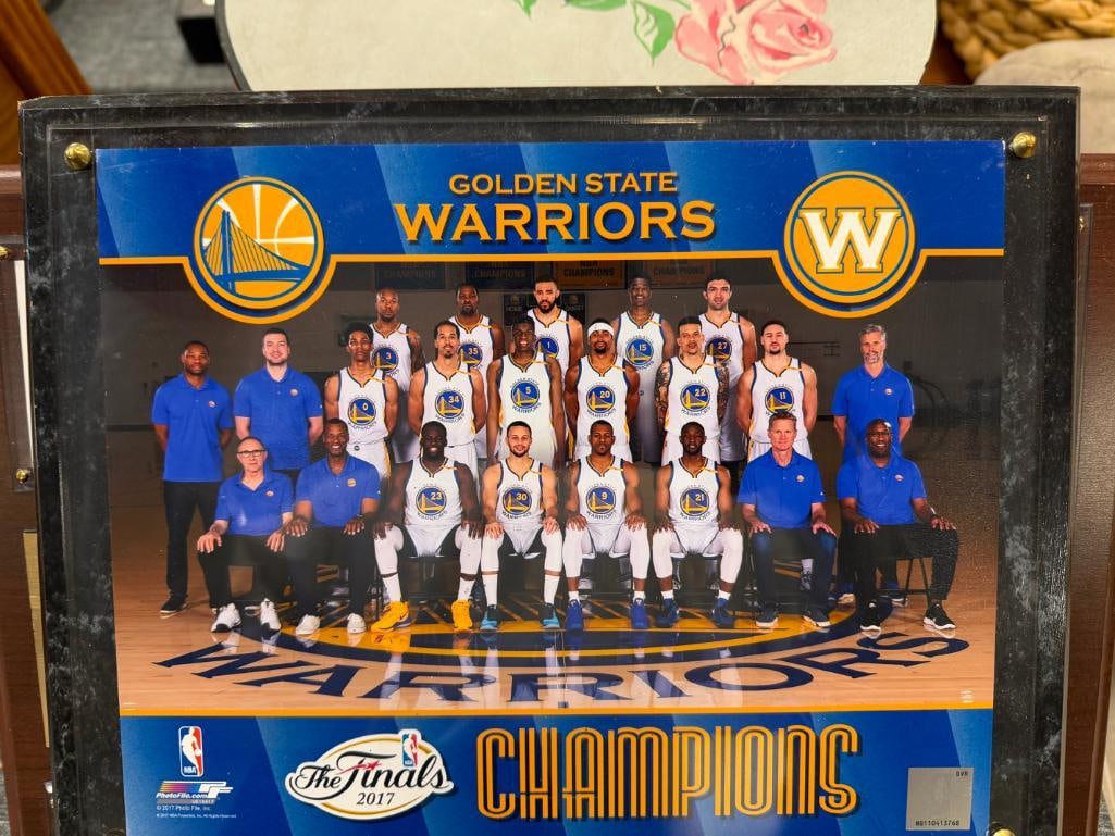 GOLDEN STATES WARRIOS NBA BASKETBALL CHAMPIONS PLAQUE AND TWO DENVER BRONCOS SUPER BOWL PLAQUES - 9