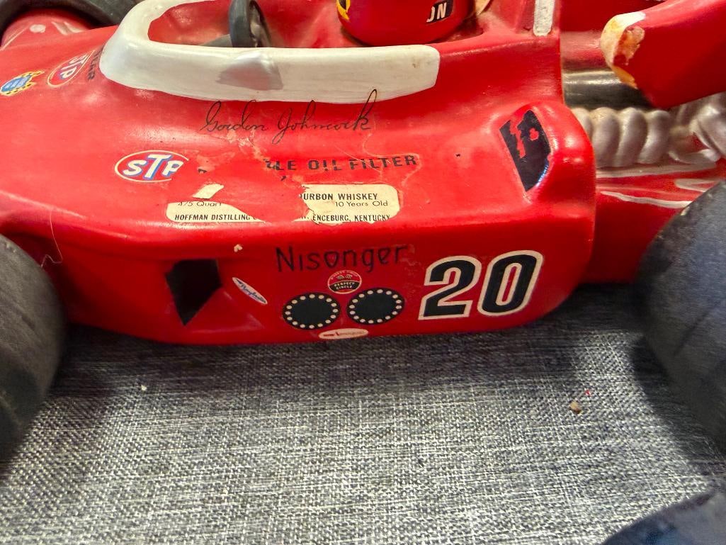 TWO VINTAGE FIGURAL FORMULA 1 WINNING CAR WHISKEY DECANTERS INCLUDING #20 STP INDY 500 G. JOHNCOCK - 12