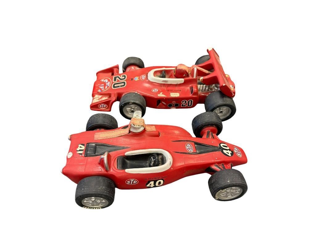 TWO VINTAGE FIGURAL FORMULA 1 WINNING CAR WHISKEY DECANTERS INCLUDING #20 STP INDY 500 G. JOHNCOCK (1 of 14)