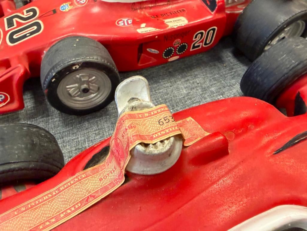 TWO VINTAGE FIGURAL FORMULA 1 WINNING CAR WHISKEY DECANTERS INCLUDING #20 STP INDY 500 G. JOHNCOCK - 5