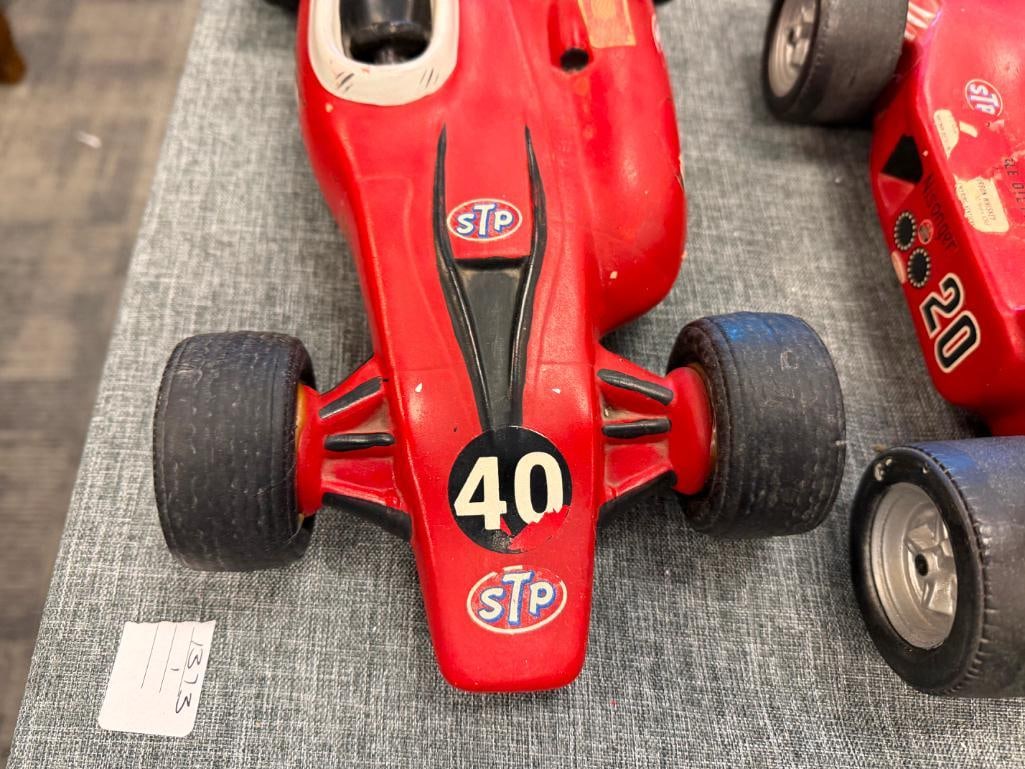 TWO VINTAGE FIGURAL FORMULA 1 WINNING CAR WHISKEY DECANTERS INCLUDING #20 STP INDY 500 G. JOHNCOCK - 6