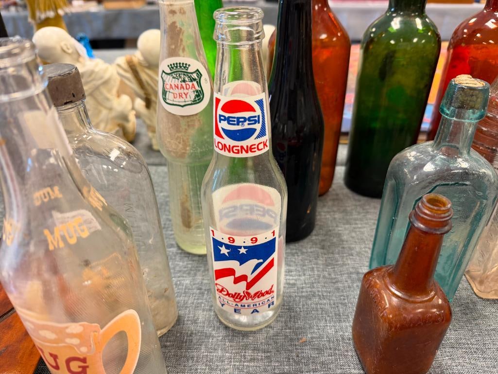13 COLLECTIBLE VINTAGE AND ANTIQUE GLASS BOTTLES INCLUDING HALL'S BALSAM, PINKHAM'S MEDICINE, ETC. - 10