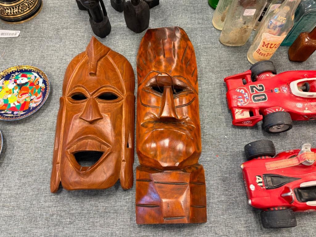 TWO CARVED WOOD TRIBAL MASKS WALL ART FEATURING POLYNESIAN TIKI DESIGNS - 11