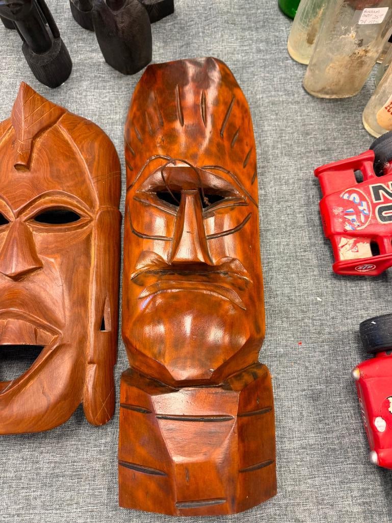 TWO CARVED WOOD TRIBAL MASKS WALL ART FEATURING POLYNESIAN TIKI DESIGNS - 12