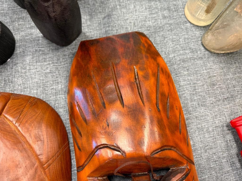 TWO CARVED WOOD TRIBAL MASKS WALL ART FEATURING POLYNESIAN TIKI DESIGNS - 13