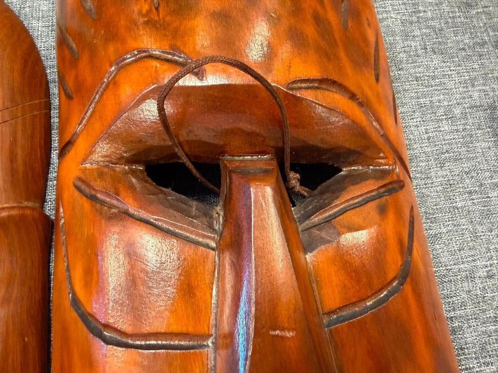 TWO CARVED WOOD TRIBAL MASKS WALL ART FEATURING POLYNESIAN TIKI DESIGNS - 14