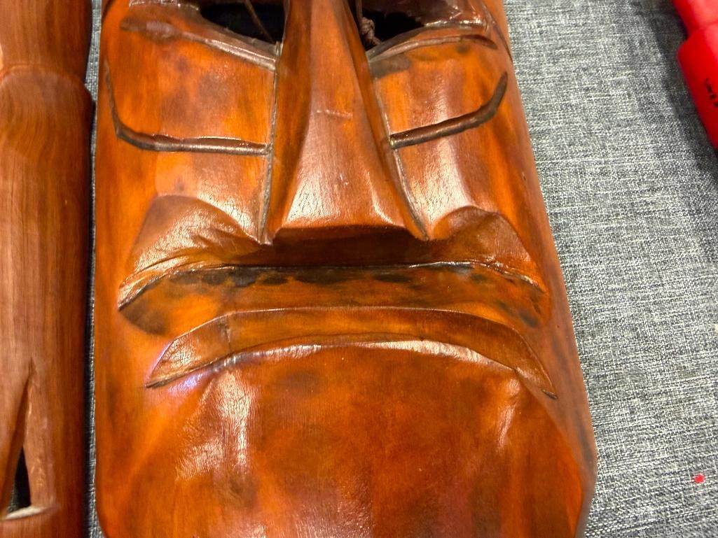 TWO CARVED WOOD TRIBAL MASKS WALL ART FEATURING POLYNESIAN TIKI DESIGNS - 15