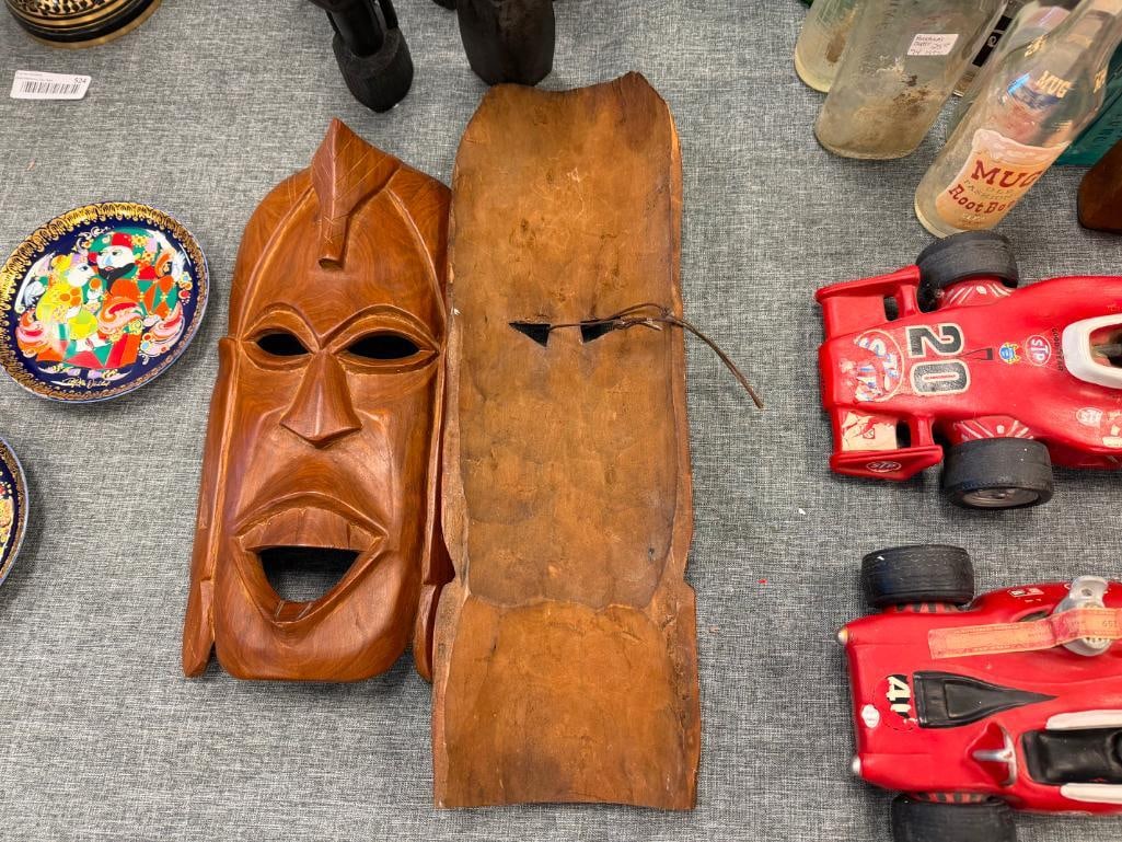TWO CARVED WOOD TRIBAL MASKS WALL ART FEATURING POLYNESIAN TIKI DESIGNS - 17