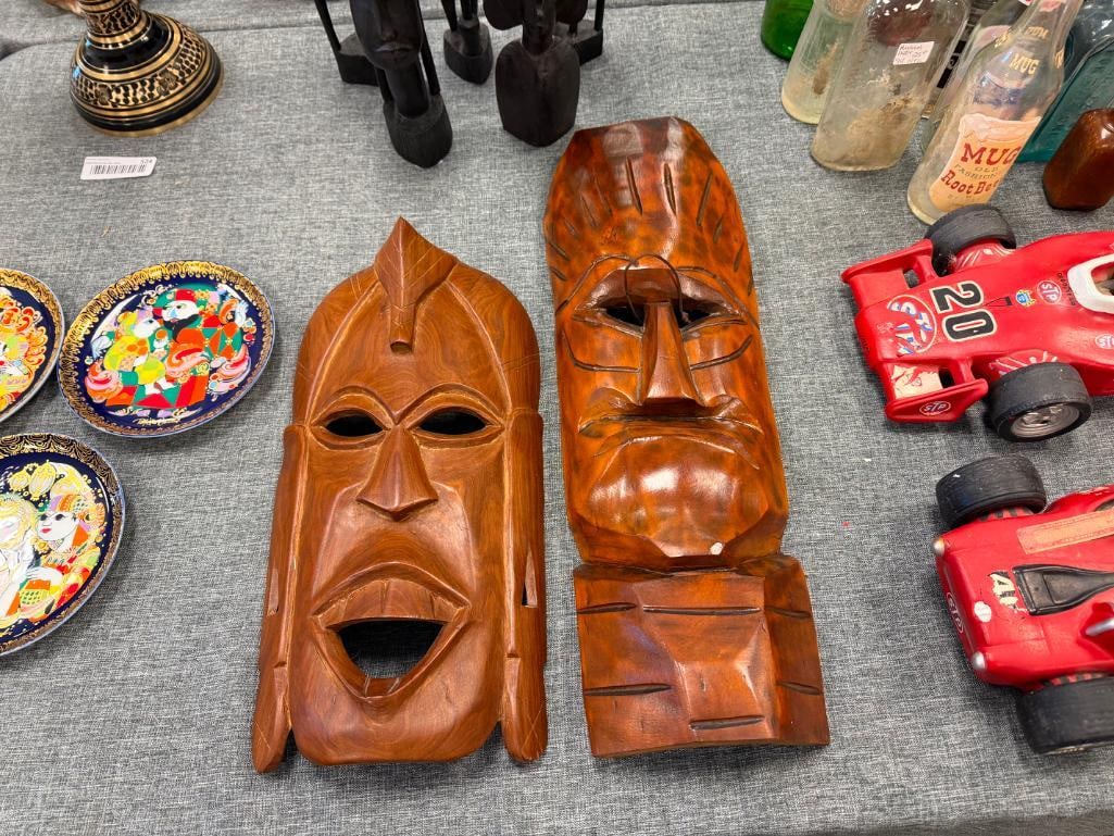TWO CARVED WOOD TRIBAL MASKS WALL ART FEATURING POLYNESIAN TIKI DESIGNS - 2