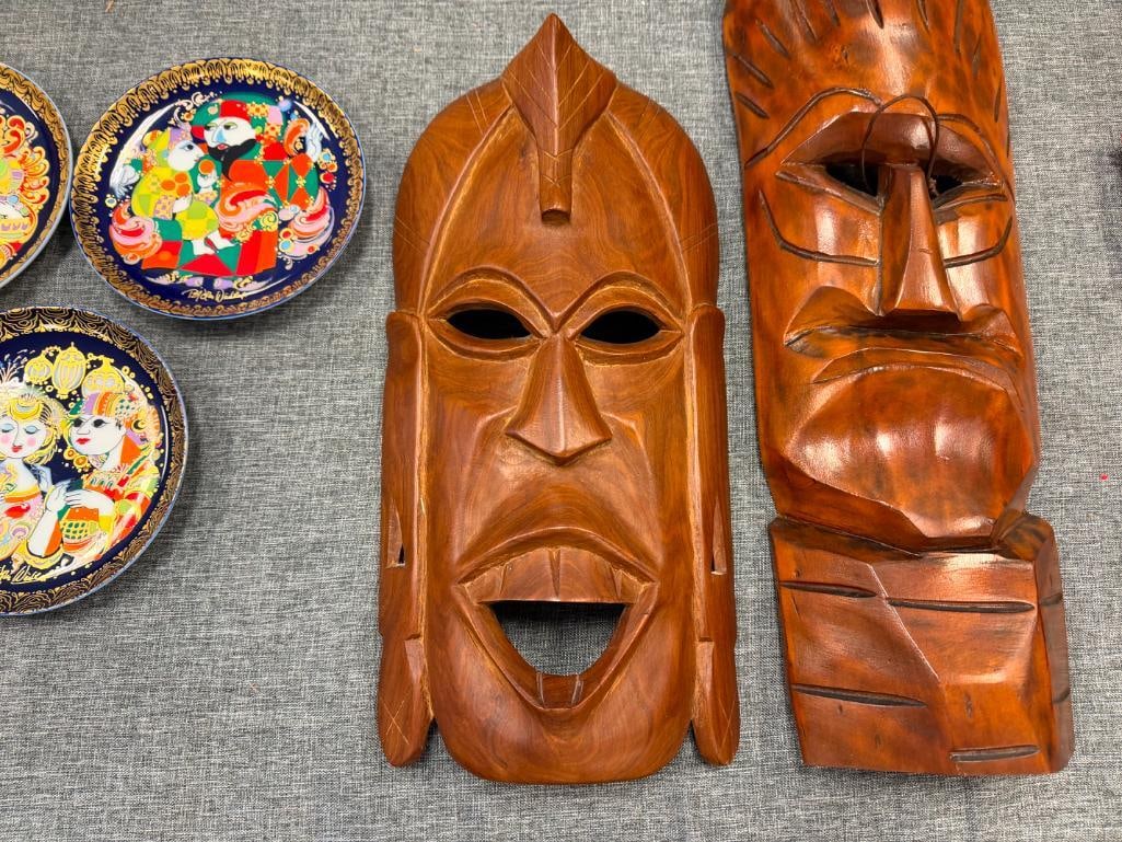 TWO CARVED WOOD TRIBAL MASKS WALL ART FEATURING POLYNESIAN TIKI DESIGNS - 3