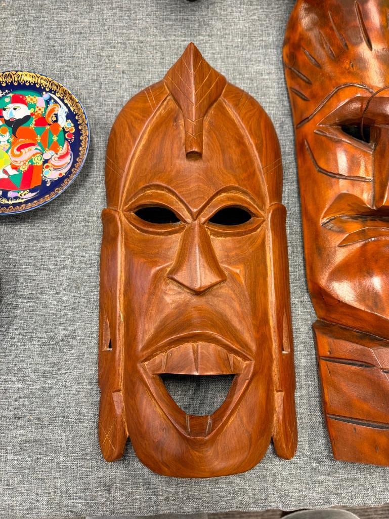 TWO CARVED WOOD TRIBAL MASKS WALL ART FEATURING POLYNESIAN TIKI DESIGNS - 4
