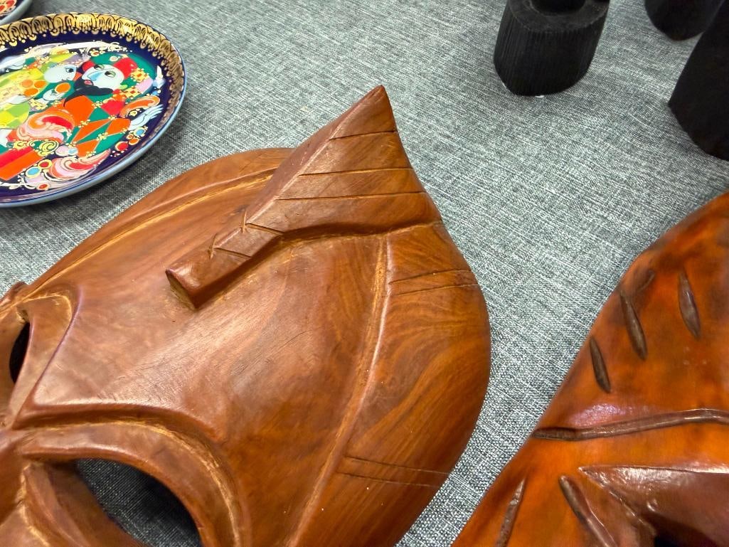 TWO CARVED WOOD TRIBAL MASKS WALL ART FEATURING POLYNESIAN TIKI DESIGNS - 6