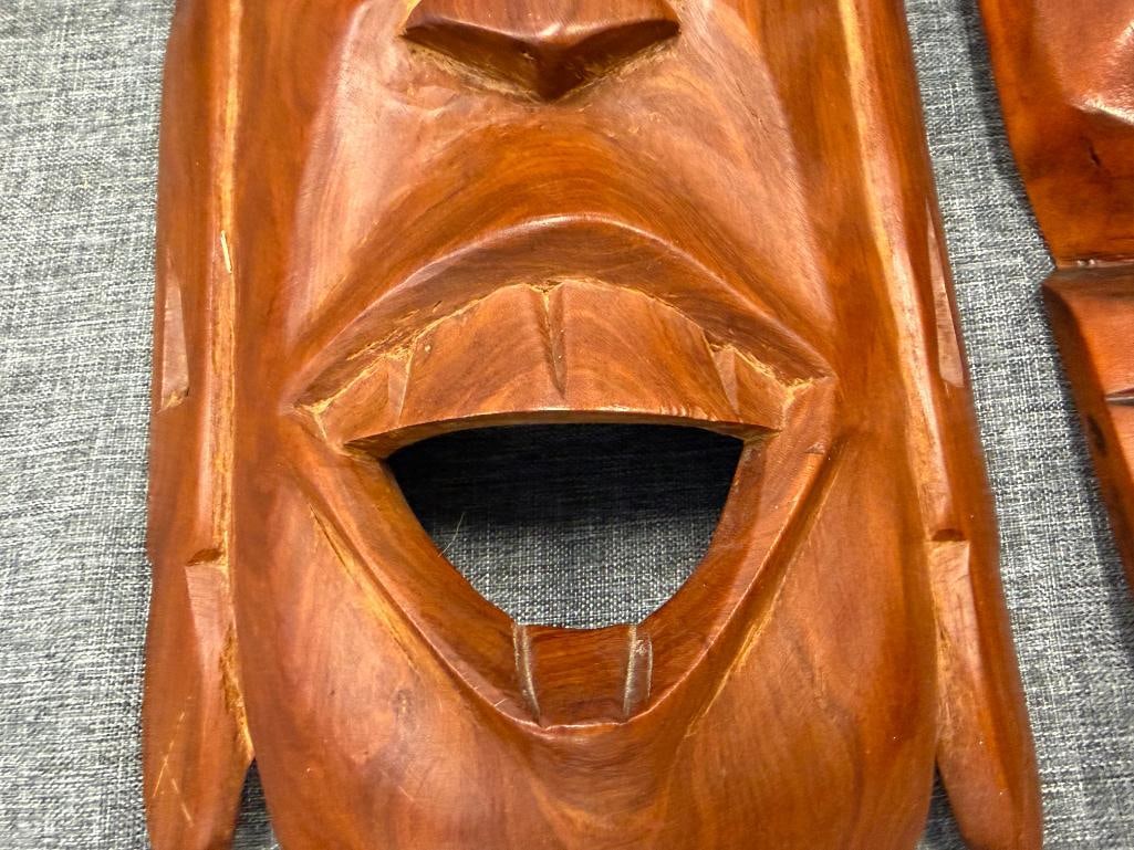 TWO CARVED WOOD TRIBAL MASKS WALL ART FEATURING POLYNESIAN TIKI DESIGNS - 9