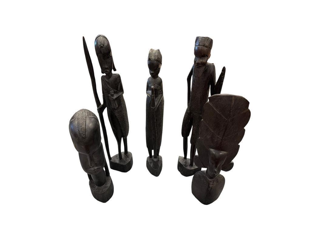 FIVE CARVED EBONY WOOD AFRICAN TRIBAL SCULPTURES INCLUDING FULL BODY AND BUSTS (1 of 17)