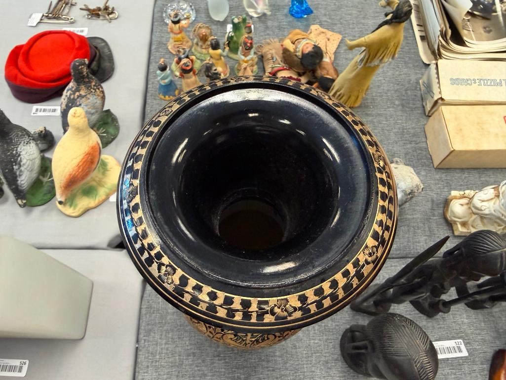 SOLID BRASS FLOOR VASE FEATURING BLACK ETCHED TO BRASS DESIGN WITH FLORAL MOTIF - 4