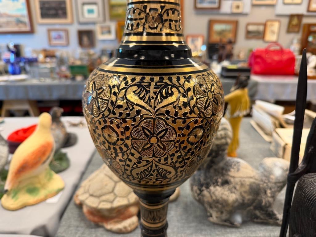 SOLID BRASS FLOOR VASE FEATURING BLACK ETCHED TO BRASS DESIGN WITH FLORAL MOTIF - 6