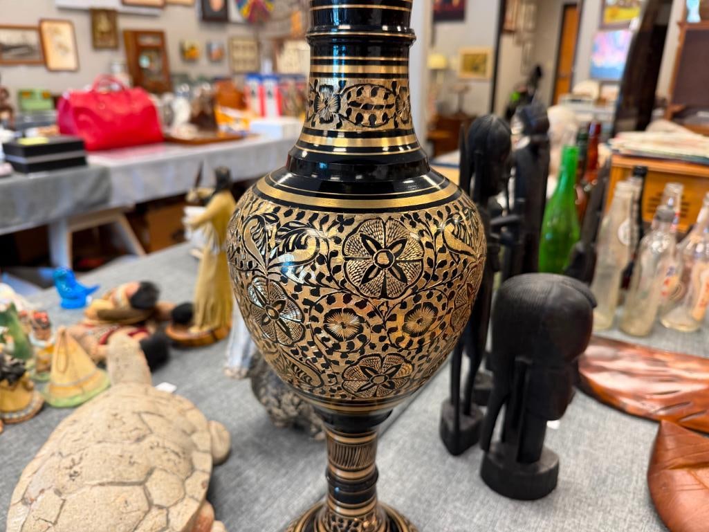 SOLID BRASS FLOOR VASE FEATURING BLACK ETCHED TO BRASS DESIGN WITH FLORAL MOTIF - 7