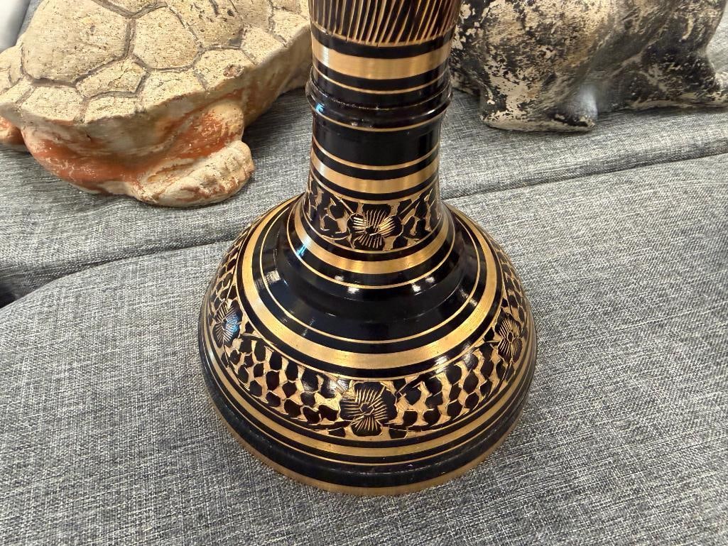 SOLID BRASS FLOOR VASE FEATURING BLACK ETCHED TO BRASS DESIGN WITH FLORAL MOTIF - 9