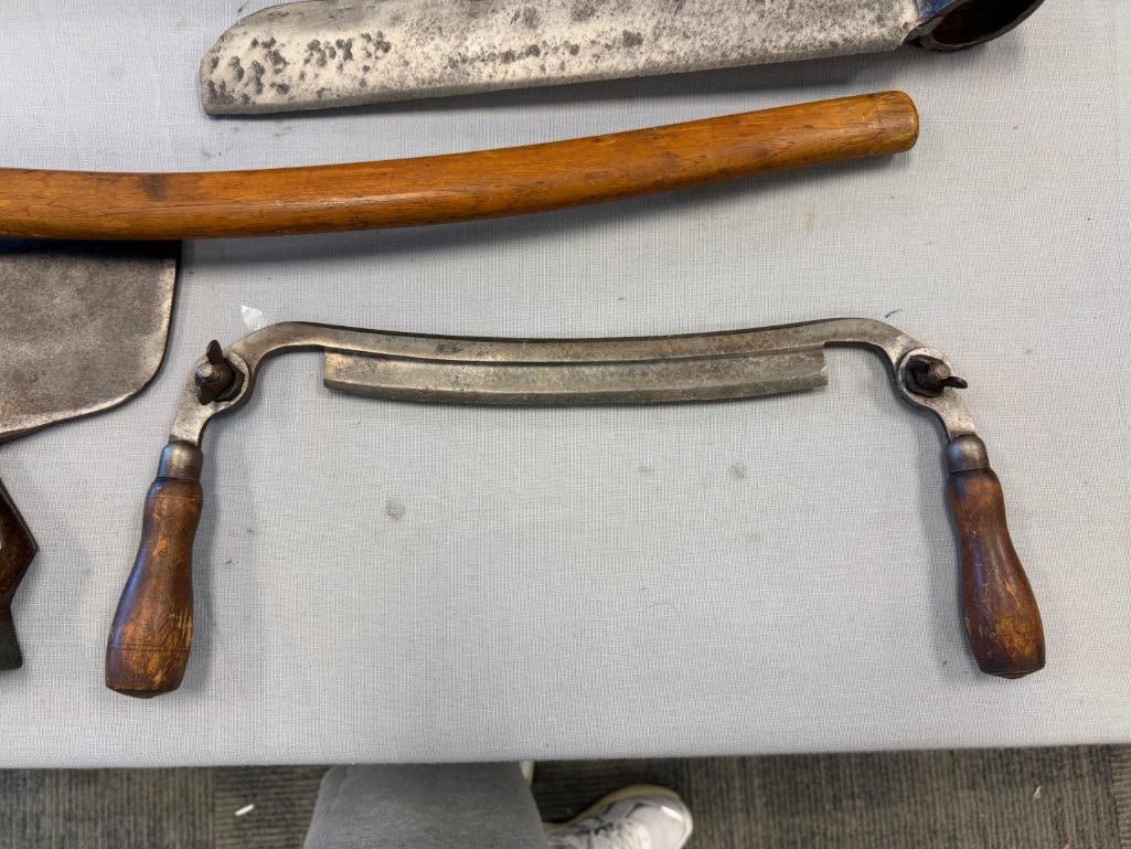 ASSORTED ANTIQUE TO VINTAGE HAND FORGED WOOD WORKING TOOLS FEATURING HEAVY STEEL HEADS - 10