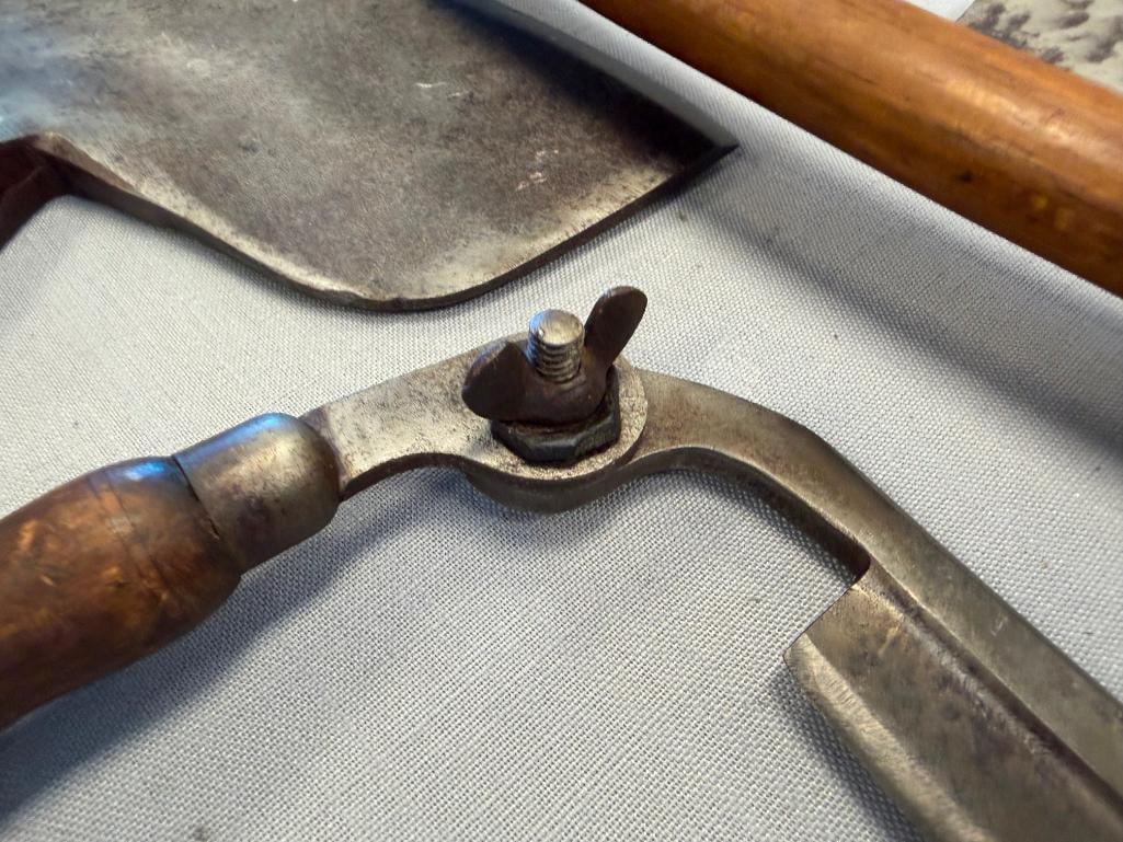 ASSORTED ANTIQUE TO VINTAGE HAND FORGED WOOD WORKING TOOLS FEATURING HEAVY STEEL HEADS - 14