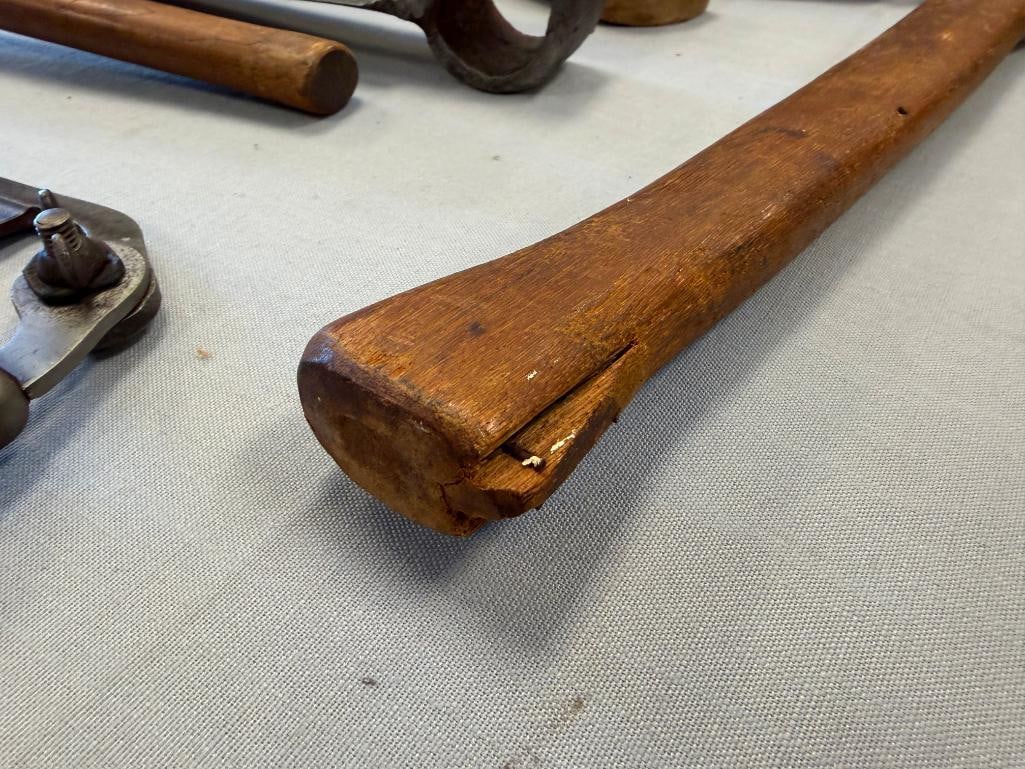 ASSORTED ANTIQUE TO VINTAGE HAND FORGED WOOD WORKING TOOLS FEATURING HEAVY STEEL HEADS - 20