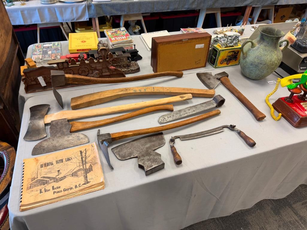 ASSORTED ANTIQUE TO VINTAGE HAND FORGED WOOD WORKING TOOLS FEATURING HEAVY STEEL HEADS - 2
