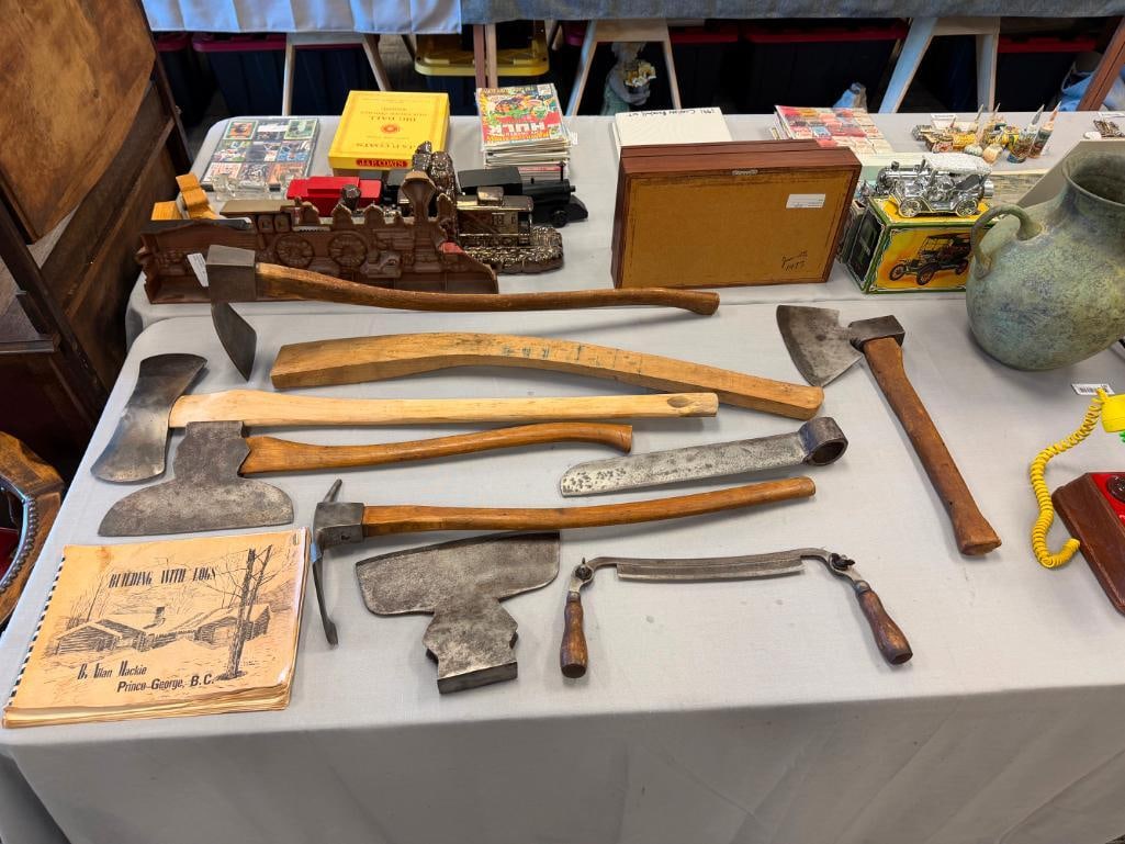 ASSORTED ANTIQUE TO VINTAGE HAND FORGED WOOD WORKING TOOLS FEATURING HEAVY STEEL HEADS - 3