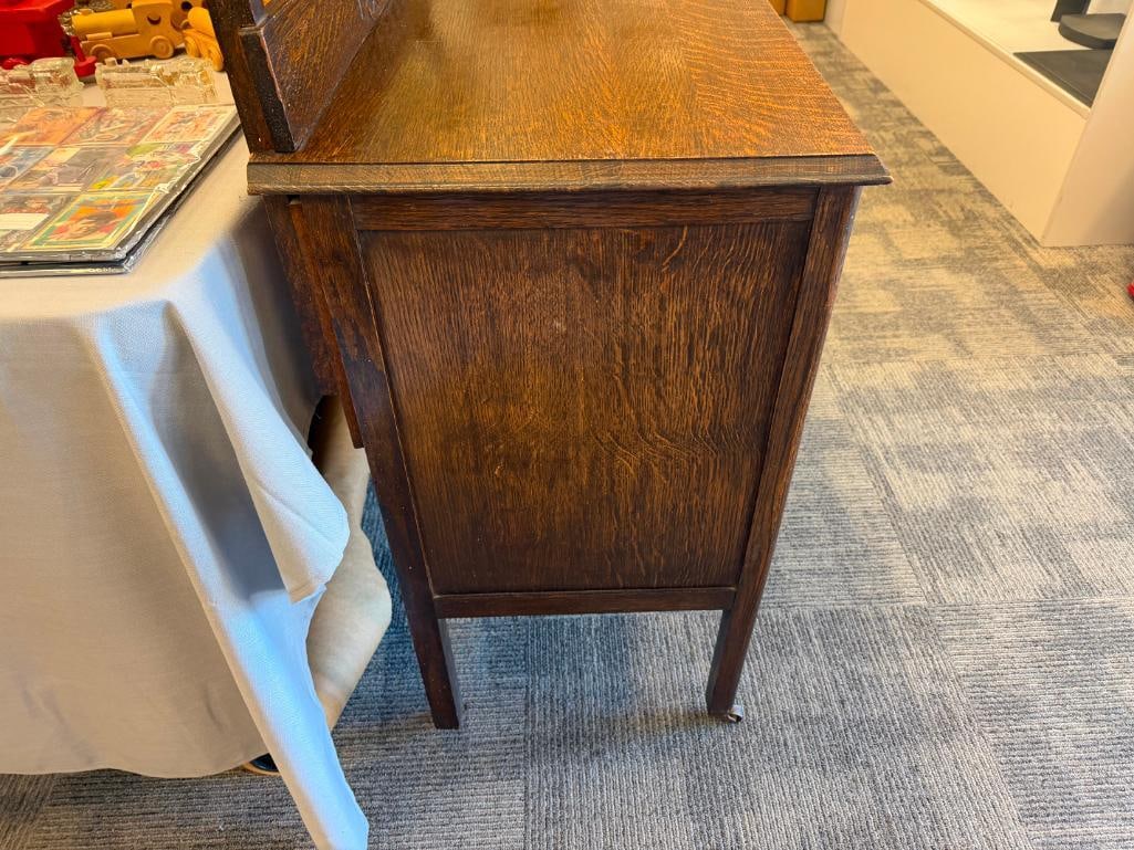 ANTIQUE DARK STAINED OAK BEVELED GLASS MIRROR TOP DRESSER - 15