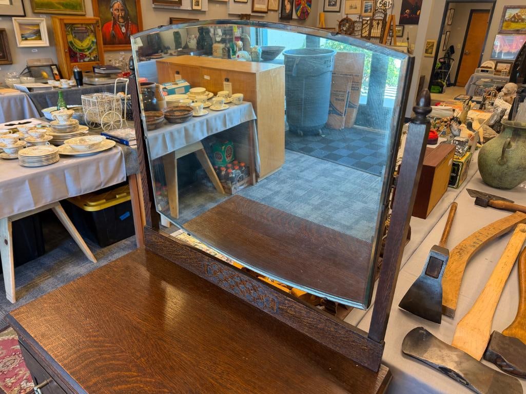 ANTIQUE DARK STAINED OAK BEVELED GLASS MIRROR TOP DRESSER - 17