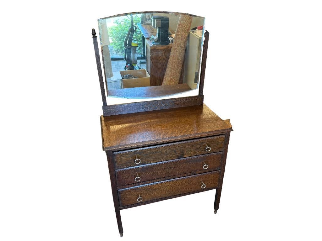 ANTIQUE DARK STAINED OAK BEVELED GLASS MIRROR TOP DRESSER (1 of 17)