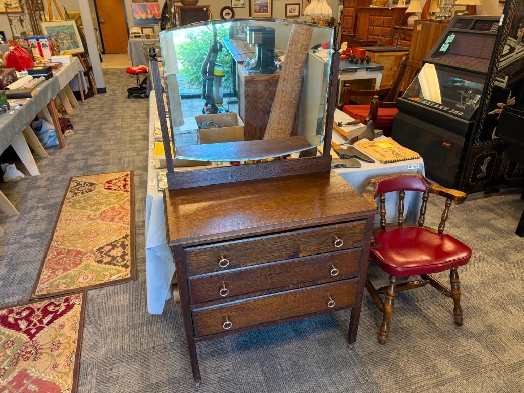ANTIQUE DARK STAINED OAK BEVELED GLASS MIRROR TOP DRESSER - 2