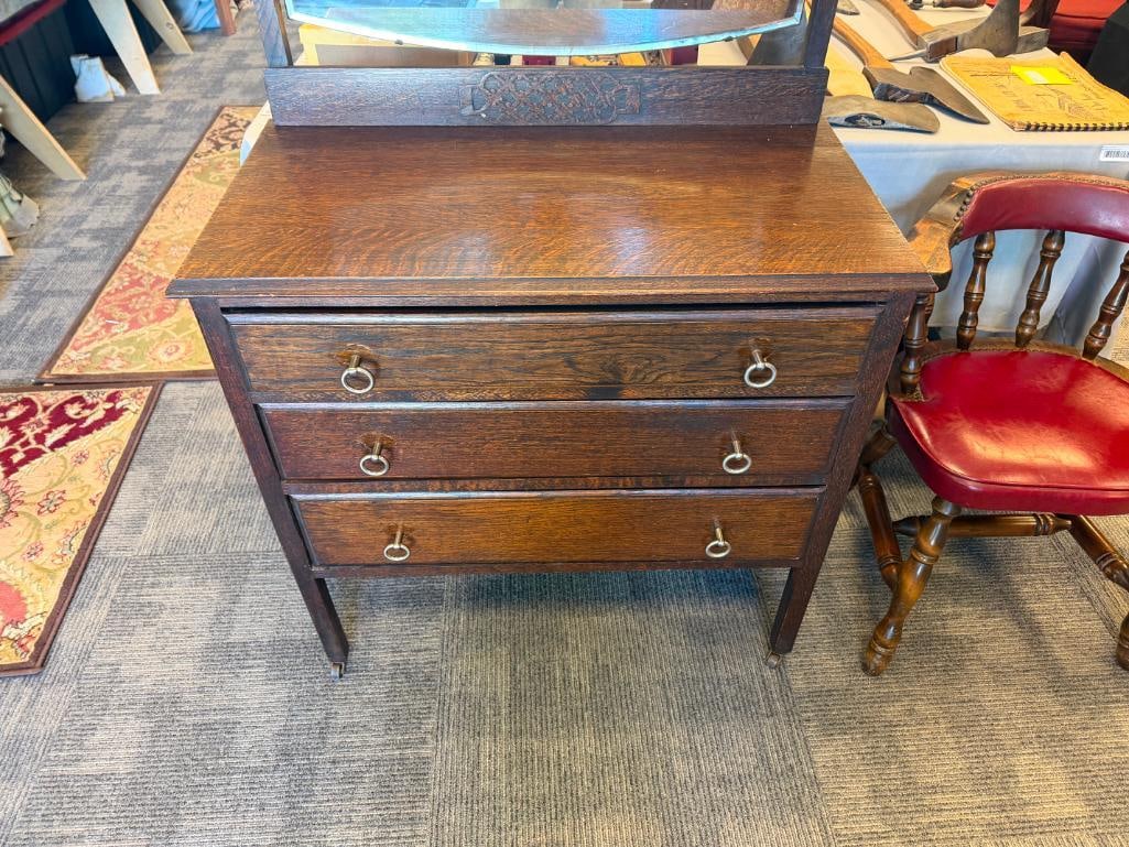 ANTIQUE DARK STAINED OAK BEVELED GLASS MIRROR TOP DRESSER - 3