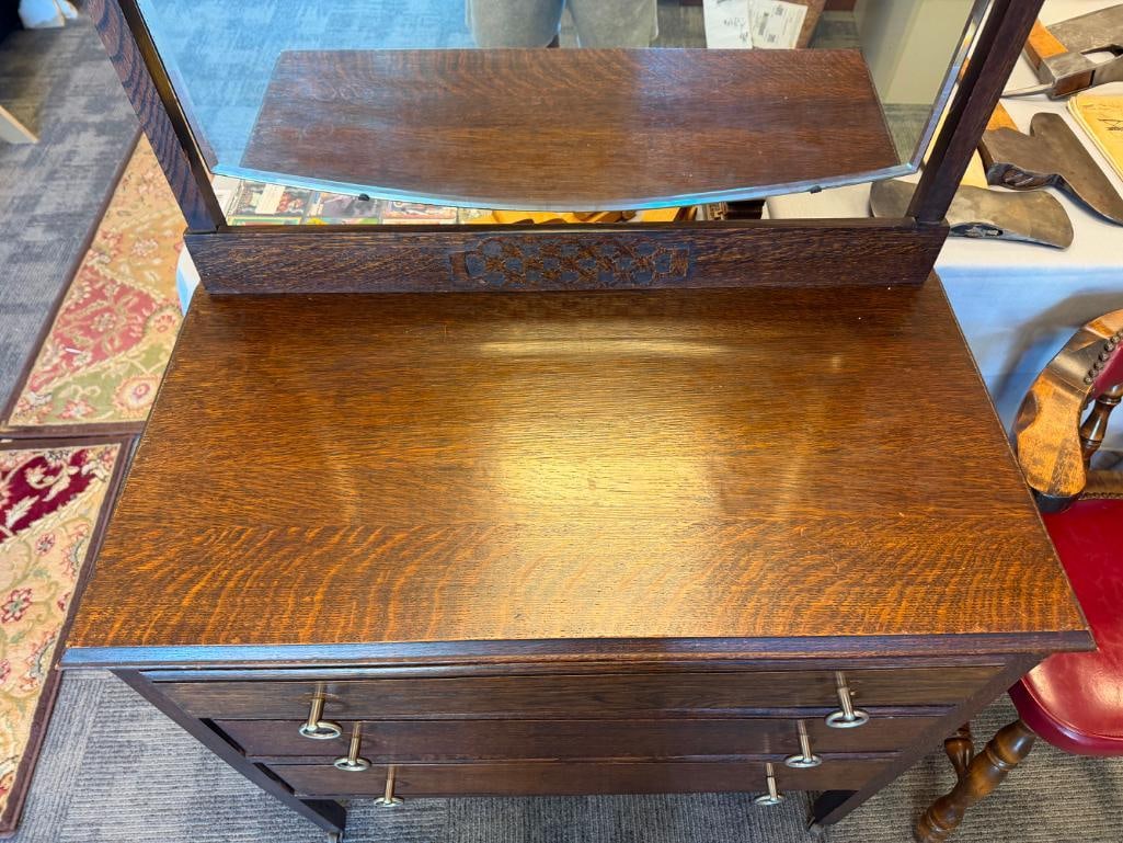ANTIQUE DARK STAINED OAK BEVELED GLASS MIRROR TOP DRESSER - 4