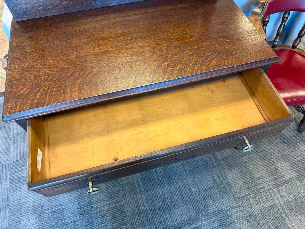 ANTIQUE DARK STAINED OAK BEVELED GLASS MIRROR TOP DRESSER - 5