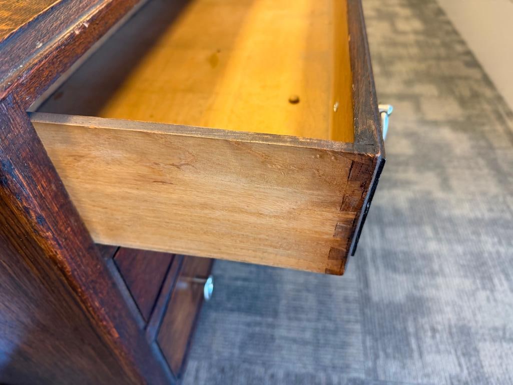 ANTIQUE DARK STAINED OAK BEVELED GLASS MIRROR TOP DRESSER - 8