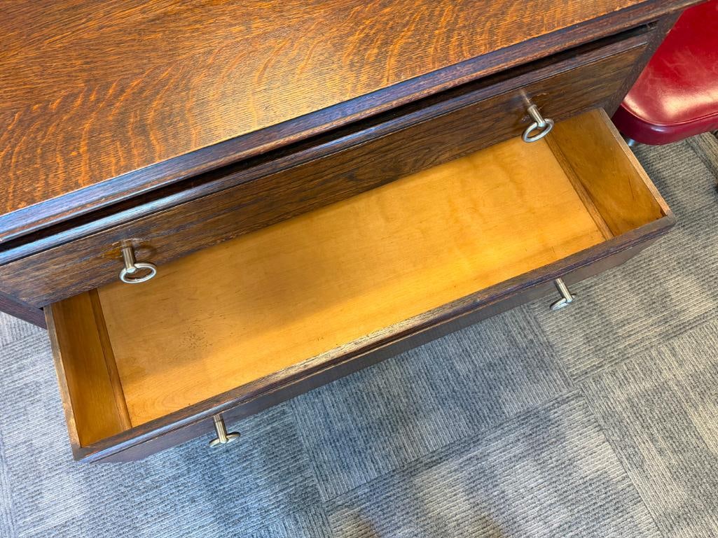 ANTIQUE DARK STAINED OAK BEVELED GLASS MIRROR TOP DRESSER - 9
