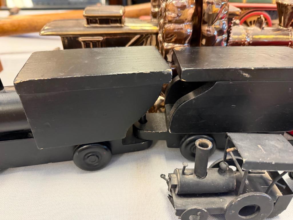 ASSORTED TRAIN COLLECTIBLES INCLUDING CERAMIC BOOKENDS, CARVED WOOD MODEL TRAINS, AND MORE - 10