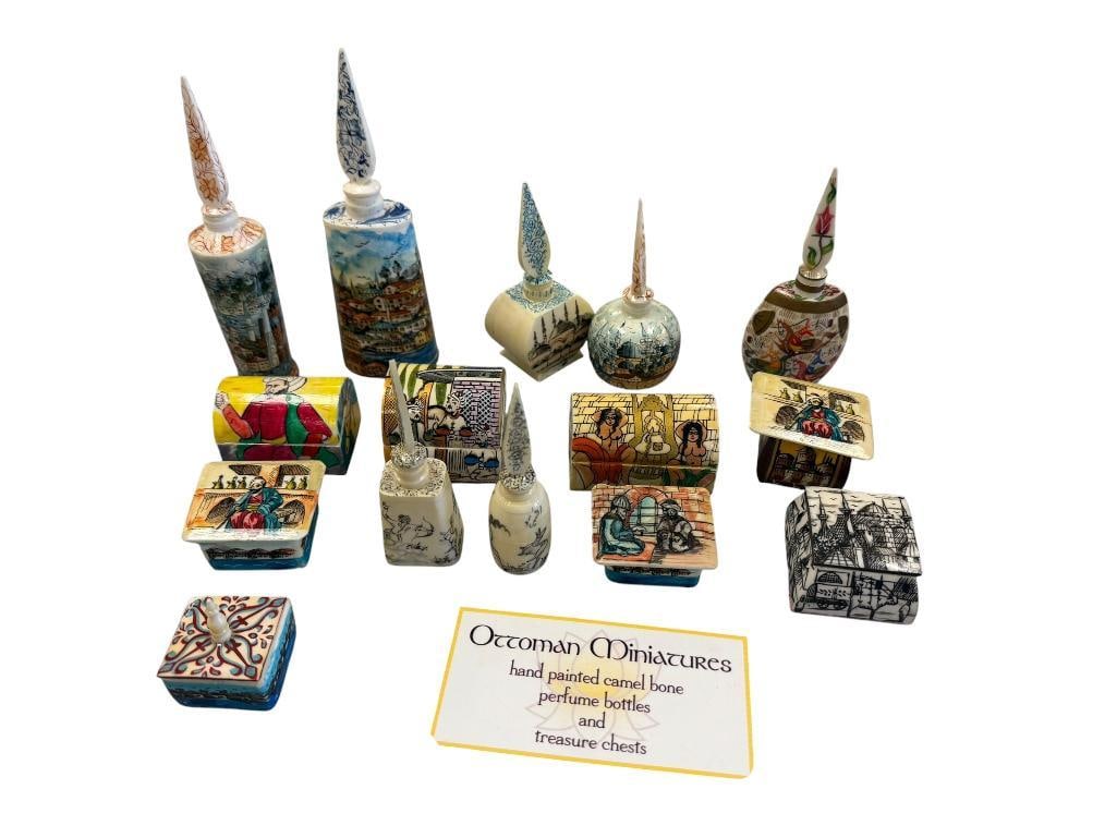 15 VINTAGE TURKISH MINIATURE PERFUME BOTTLES AND TREASURE CHESTS BOXES CARVED FROM CAMEL BONE (1 of 14)