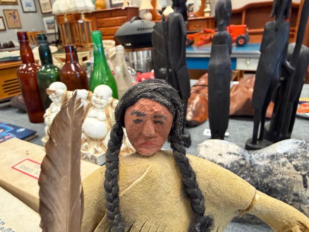ASSORTED NATIVE AMERICAN CLOTH DOLLS AND 10 CERAMIC NATIVE AMERICAN WOMAN THEMED BELLS - 14