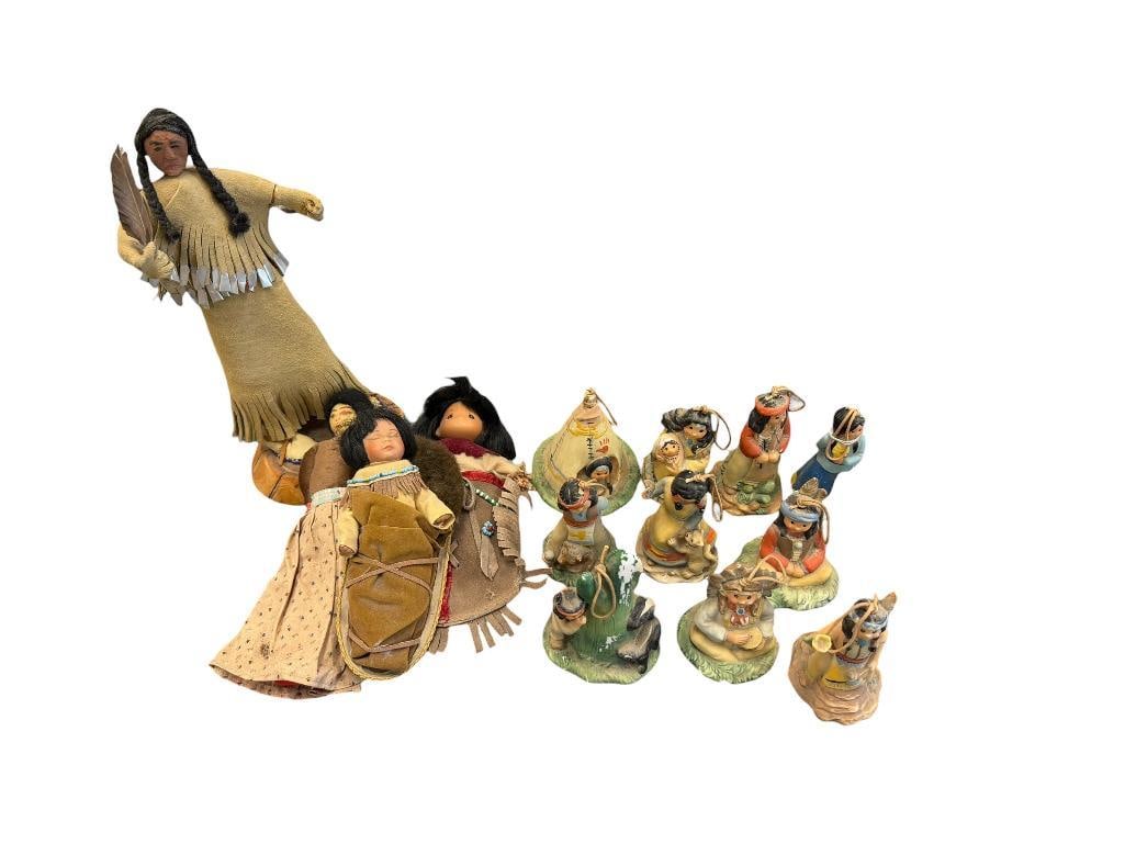 ASSORTED NATIVE AMERICAN CLOTH DOLLS AND 10 CERAMIC NATIVE AMERICAN WOMAN THEMED BELLS (1 of 15)