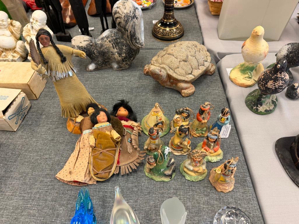 ASSORTED NATIVE AMERICAN CLOTH DOLLS AND 10 CERAMIC NATIVE AMERICAN WOMAN THEMED BELLS - 2