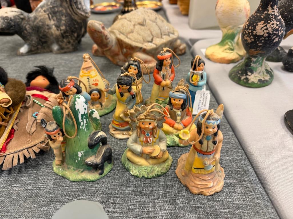 ASSORTED NATIVE AMERICAN CLOTH DOLLS AND 10 CERAMIC NATIVE AMERICAN WOMAN THEMED BELLS - 3