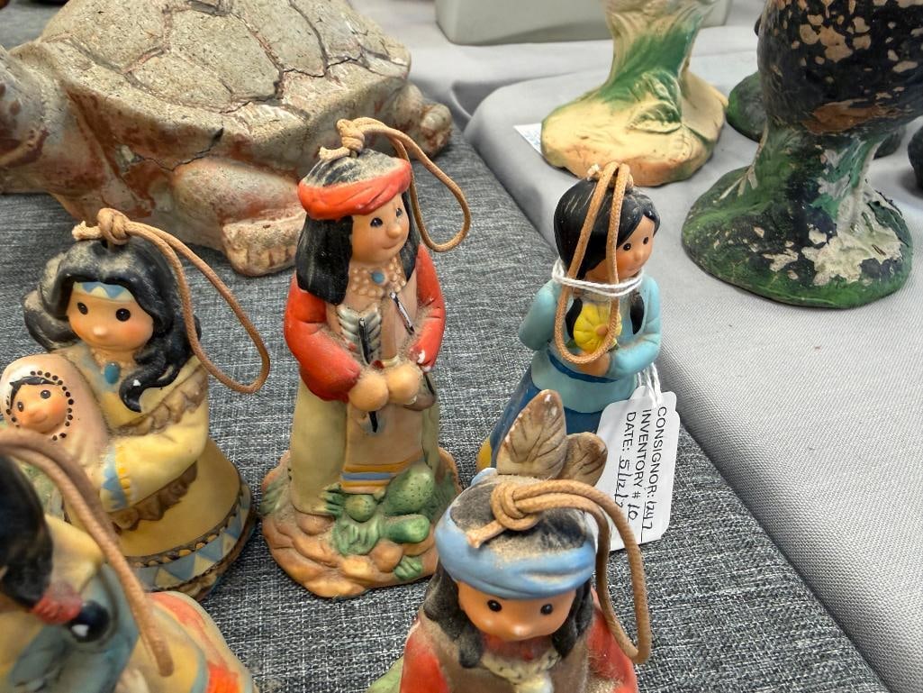 ASSORTED NATIVE AMERICAN CLOTH DOLLS AND 10 CERAMIC NATIVE AMERICAN WOMAN THEMED BELLS - 7