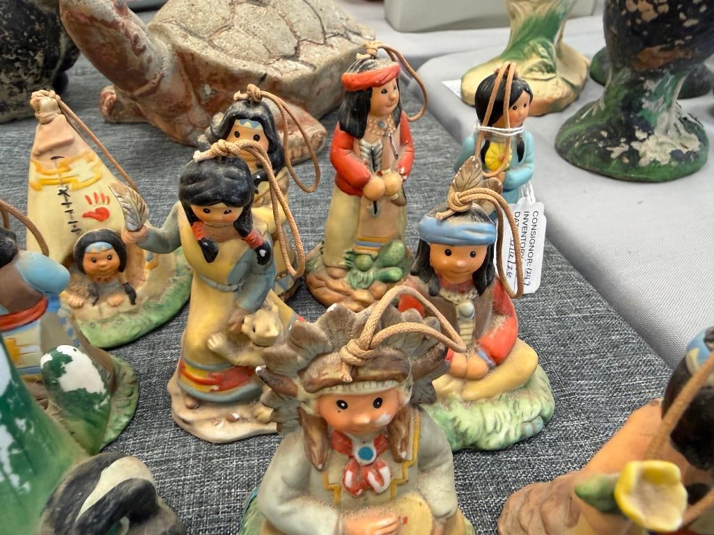 ASSORTED NATIVE AMERICAN CLOTH DOLLS AND 10 CERAMIC NATIVE AMERICAN WOMAN THEMED BELLS - 8