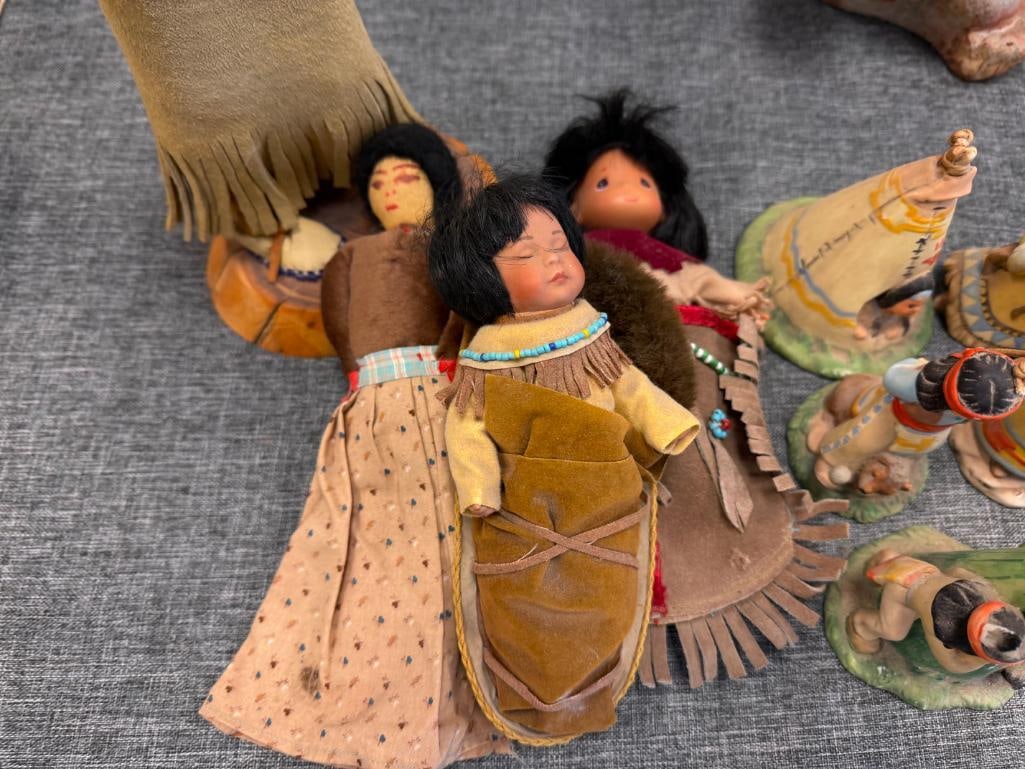 ASSORTED NATIVE AMERICAN CLOTH DOLLS AND 10 CERAMIC NATIVE AMERICAN WOMAN THEMED BELLS - 9