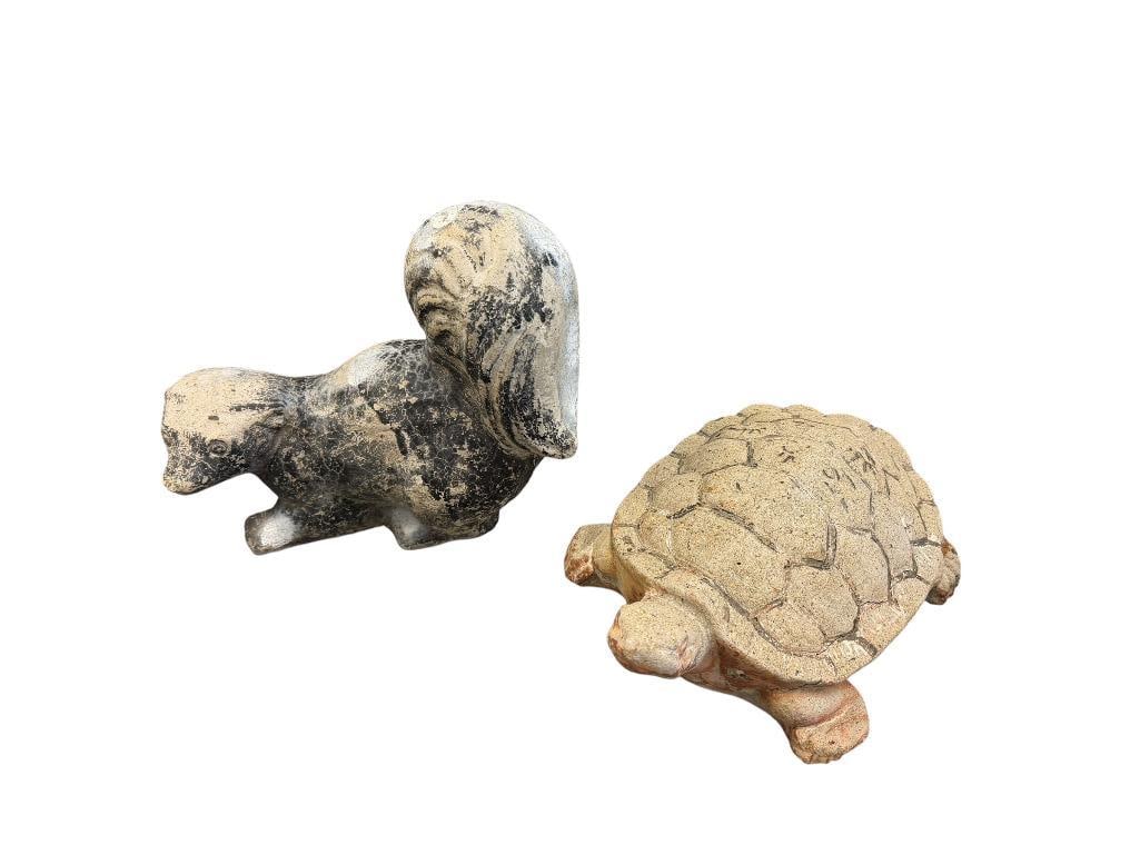 TWO FIGURAL WILDLIFE CEMENT YARD ART SCULPTURES INCLUDING SKUNK AND TURTLE (1 of 10)