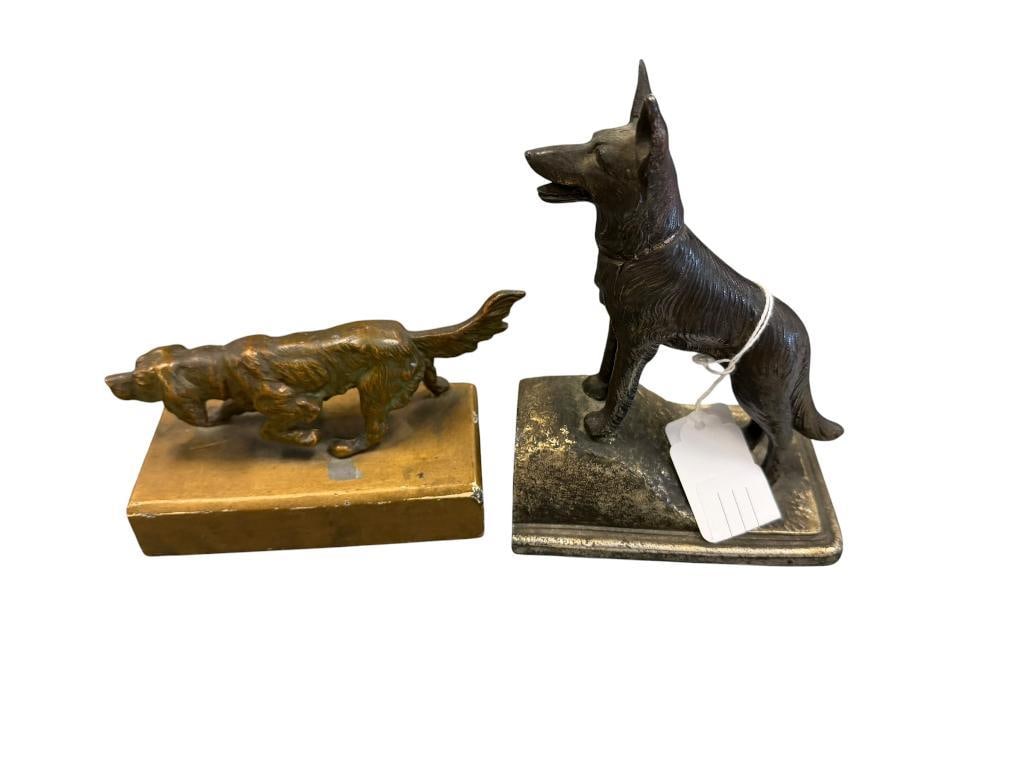 TWO FIGURAL DOG SCULPTURES INCLUDING BRONZE SETTER IN STYLE OF THOMAS FRANCOIS CARTIER: ALSO INCLUDES GERMAN SHEPHERD JAPAN MADE METAL SCULPTURE, FAIR CONDITION LARGEST IS 6" H