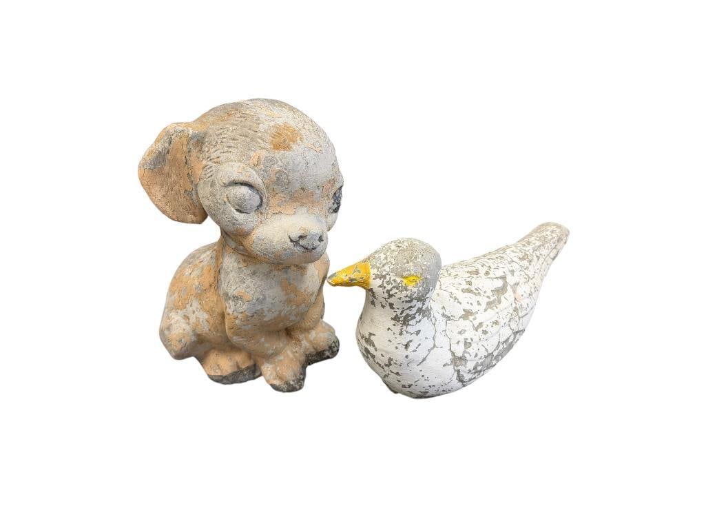 TWO FIGURAL WILDLIFE CEMENT YARD ART SCULPTURES INCLUDING SEAGULL AND PUPPY (1 of 9)