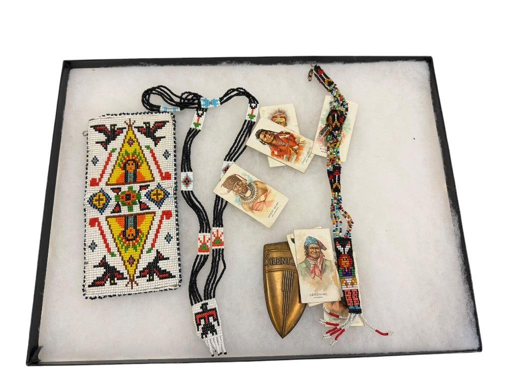 NATIVE AMERICAN BEADED THUNDERBIRD NECKLACE, INTRICATELY BEADED WALLET, AND VINTAGE TOBACCO CARDS (1 of 10)