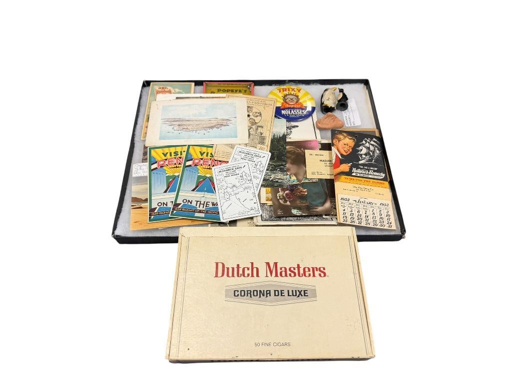 COLLECTIBLES INCLUDING DUTCH MASTERS CIGAR BOX, EPHEMERA, TRIXY MOLSSES PIN, AND MORE: ALSO INCLUDES ANTIQUE 1929 KING FEATURES SYNDICATE POPEYE'S TIN AND GLASS BINGO GAME, RENO POST CARDS, PHOTOGRAPHS, AND MORE